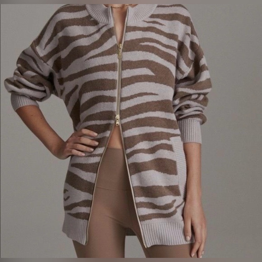 Varley Mayberry Merino Wool Longline Two-Way Zip Cardigan Zebra Print Size Small